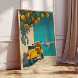 Retro Italian Vespa Scooter Art Print, Vintage Amalfi Coast Travel Poster, Bright Yellow Coastal Decor - thumbnail 2