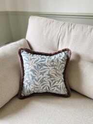 Blue Leaf Cushion Cover, William Morris Inspired Floral Fringe Pillow Cottagecore Decor, Throw Pillow, Scatter