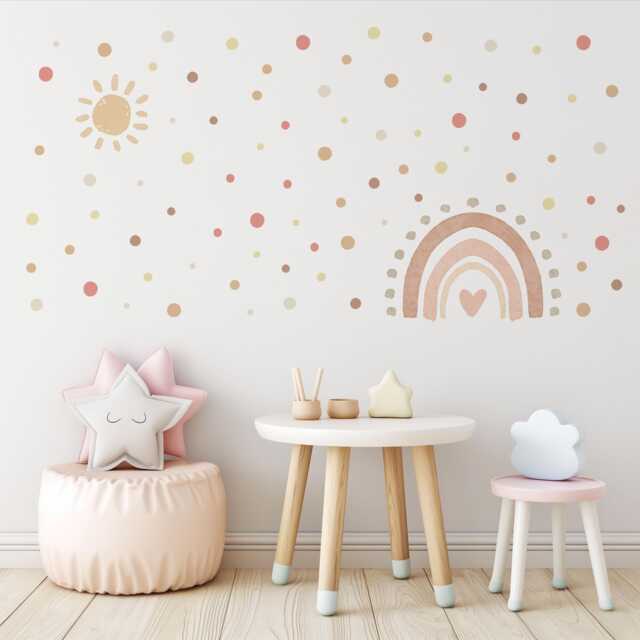 Boho Rainbow Wall Stickers Nursery Decor - Hand-Painted Sun, Dots - Peel & Stick - image 1