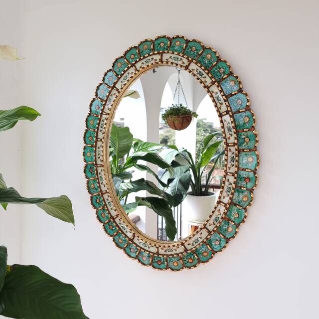 Beautiful Turquoise & Gold Oval Mirror, 70cm - Interior Decoration Wall Mirror Home Decor Decorative Mirrors Peruvian Handicrafts - image 1