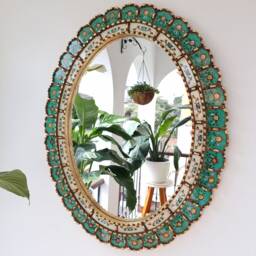 Beautiful Turquoise & Gold Oval Mirror, 70cm - Interior Decoration Wall Mirror Home Decor Decorative Mirrors Peruvian Handicrafts - thumbnail 2