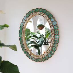 Beautiful Turquoise & Gold Oval Mirror, 70cm - Interior Decoration Wall Mirror Home Decor Decorative Mirrors Peruvian Handicrafts - thumbnail 1