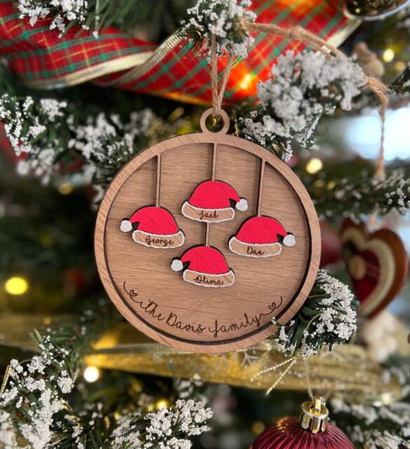Personalised Christmas Hat Bauble- Wooden Bauble -Tree Decoration - Family Baubles- Santa Hat- Tree Decor - image 1