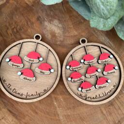 Personalised Christmas Hat Bauble- Wooden Bauble -Tree Decoration - Family Baubles- Santa Hat- Tree Decor - thumbnail 2