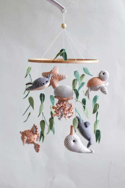 Ocean Baby Mobile. Nautical Mobile With Narwhal, Jellyfish, Turtle, Stingray Fish, Shark, Starfish & Puffer Fish - image 1