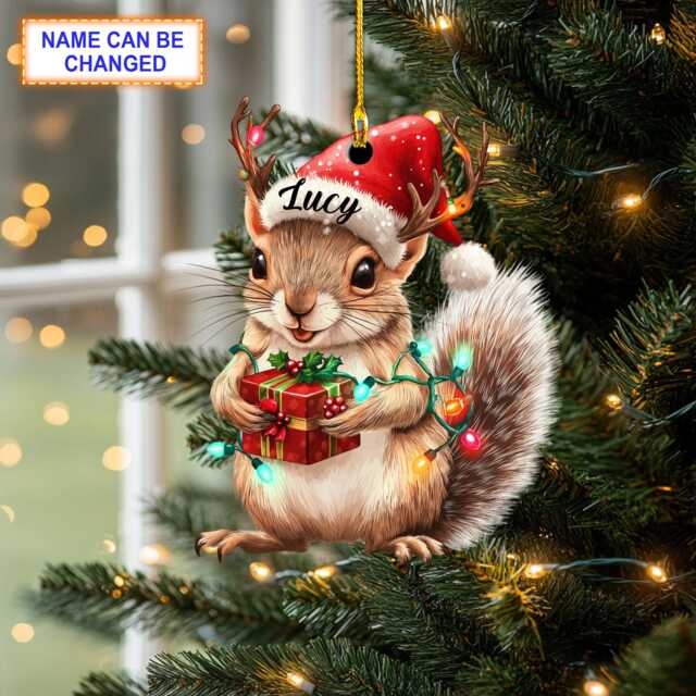 Custom Name Squirrel With Santa Hat & Giftbox Personalized Ornament, Christmas Tree Hanging Decor, Flat 2D Ornament - image 1