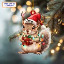 Custom Name Squirrel With Santa Hat & Giftbox Personalized Ornament, Christmas Tree Hanging Decor, Flat 2D Ornament - thumbnail 2