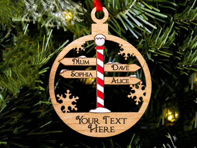 Personalised North Pole Sign Christmas Ornament Oak Family Tree Decoration - image 1