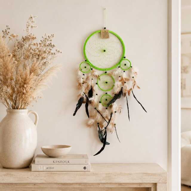 Green Dream Catcher Wall Hanging, Large Boho Feather Dreamcatcher, Bedroom Nursery Decor, Handmade Spiritual Gift - image 1