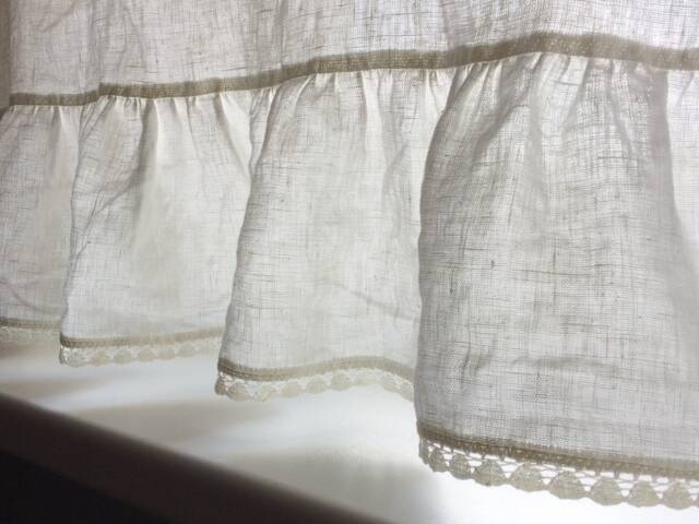Ruffled Pure Linen Kitchen Cafe Curtain Crochet Lace Trim, Cottage Style - image 1