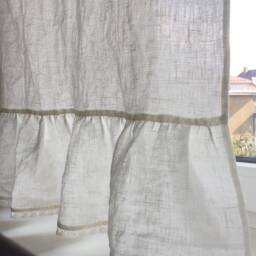 Ruffled Pure Linen Kitchen Cafe Curtain Crochet Lace Trim, Cottage Style - thumbnail 3