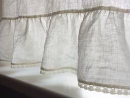 Ruffled Pure Linen Kitchen Cafe Curtain Crochet Lace Trim, Cottage Style - thumbnail 1