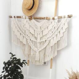 Boho Macrame Headboard, Wall Hanging On Driftwood, Rustic Decor - thumbnail 2