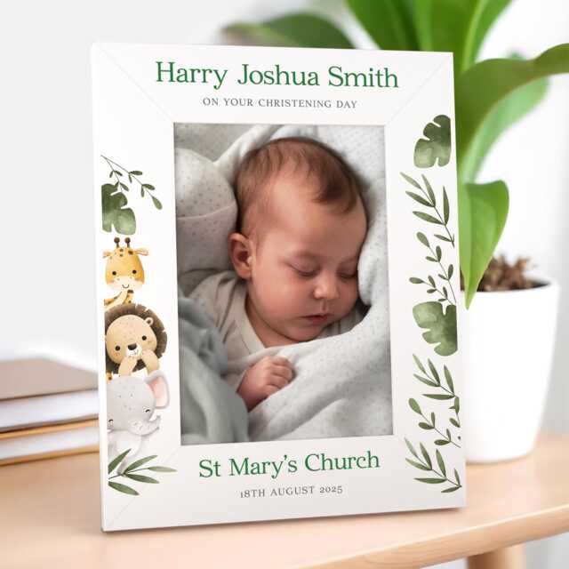 Personalised Christening Gifts For Boys, Photo Frame, Jungle Safari Animal Gift, Godson 6x4 7x5 Frame - image 1