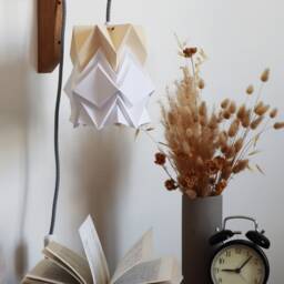 Origami Wall Lighting Fixture - Wooden Bracket With Small Paper Pendant Light - thumbnail 2