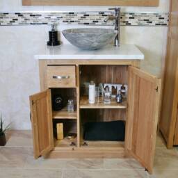 Bathroom Vanity Unit Oak Cabinet Wash Stand White & Grey Marble Stone Basin 503Wmsbc - thumbnail 3