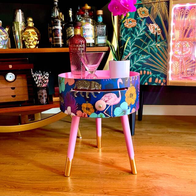 Pink & Blue Tropical Side Table . Flamingo Leopard Print Nightstand , Gold Leaf Legs Bedside Flamingo Cheetah Design - image 1
