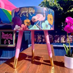 Pink & Blue Tropical Side Table . Flamingo Leopard Print Nightstand , Gold Leaf Legs Bedside Flamingo Cheetah Design - thumbnail 4