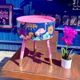 Pink & Blue Tropical Side Table . Flamingo Leopard Print Nightstand , Gold Leaf Legs Bedside Flamingo Cheetah Design - thumbnail 2