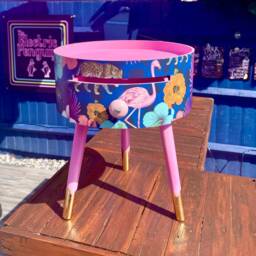 Pink & Blue Tropical Side Table . Flamingo Leopard Print Nightstand , Gold Leaf Legs Bedside Flamingo Cheetah Design - thumbnail 3