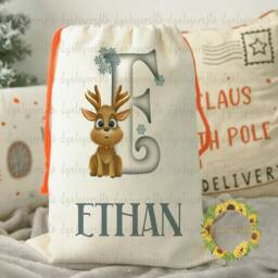 Reindeer Alphabet Christmas Sack, Personalised Kids Stocking Bag, Linen Present Gift For Children, Medium Or Large Sack - thumbnail 2