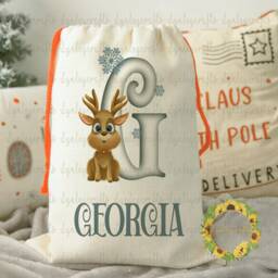 Reindeer Alphabet Christmas Sack, Personalised Kids Stocking Bag, Linen Present Gift For Children, Medium Or Large Sack - thumbnail 3