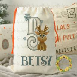 Reindeer Alphabet Christmas Sack, Personalised Kids Stocking Bag, Linen Present Gift For Children, Medium Or Large Sack - thumbnail 1