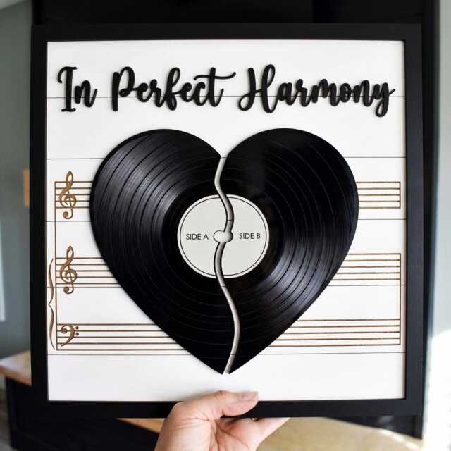 Music Theme Wall Art Record Heart Sign in Perfect Harmony Decor Gift For Couple Musician Room Sheet Framed Wood Plaque - image 1