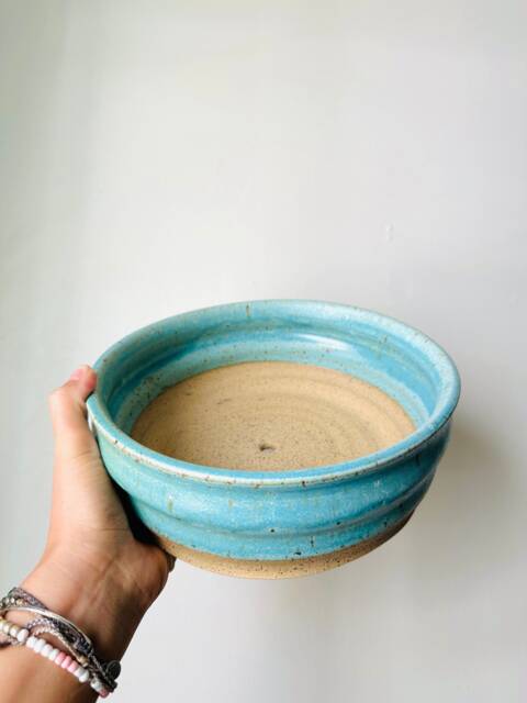Handmade Wavy Turquoise Ceramic Planter - Wide Succulent Pot - image 1