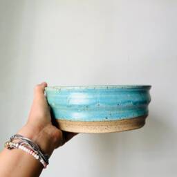 Handmade Wavy Turquoise Ceramic Planter - Wide Succulent Pot - thumbnail 2