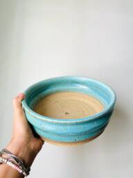 Handmade Wavy Turquoise Ceramic Planter - Wide Succulent Pot - thumbnail 1