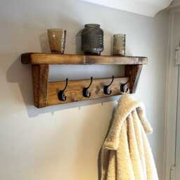 Dark Oak Wax Handmade Wooden Coat Rack Shelf - Rustic Wall Mounted Hooks - thumbnail 3