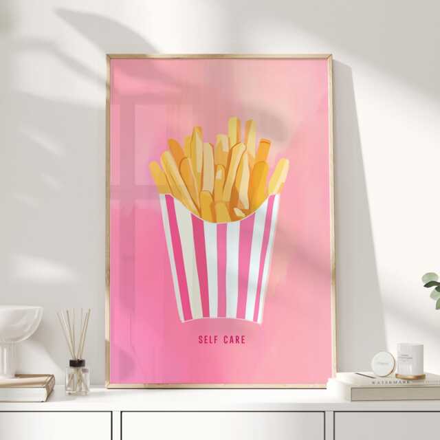 Self Care Print, Mcdonalds Lover Gift, Pink Fries Wall Art, Funny Kitchen Poster, Dopamine Decor Food Illustration, Art For - image 1