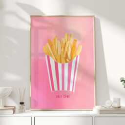 Self Care Print, Mcdonalds Lover Gift, Pink Fries Wall Art, Funny Kitchen Poster, Dopamine Decor Food Illustration, Art For - thumbnail 1