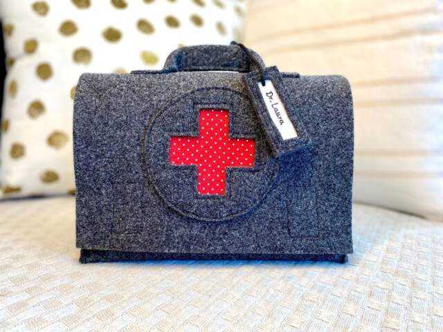 Children's Doctor's Kit, Bag, Medical Travel Pharmacy, First Aid Optional Name Tag + Additions, Dark Grey Wool Felt - image 1