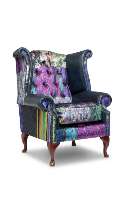 Chesterfield Queen Anne High Back Wing Chair in Leather & Patchwork Velvet - image 1