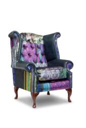 Chesterfield Queen Anne High Back Wing Chair in Leather & Patchwork Velvet