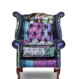 Chesterfield Queen Anne High Back Wing Chair in Leather & Patchwork Velvet - thumbnail 2