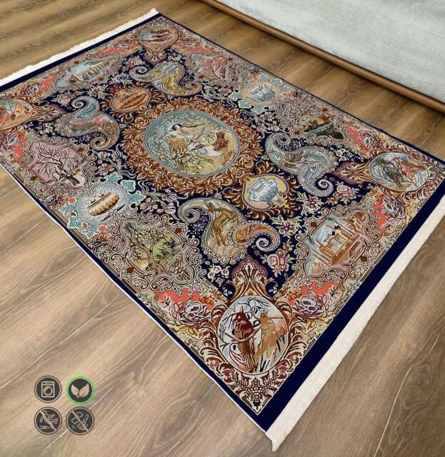 Navy Chenille Tapestry Rug Birds, Animals, Scenic Motifs, Washable - image 1