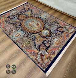 Navy Chenille Tapestry Rug Birds, Animals, Scenic Motifs, Washable - thumbnail 1