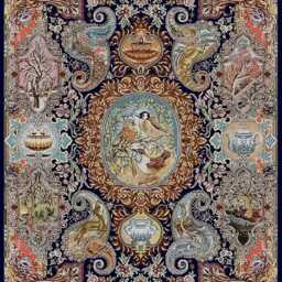 Navy Chenille Tapestry Rug Birds, Animals, Scenic Motifs, Washable - thumbnail 3