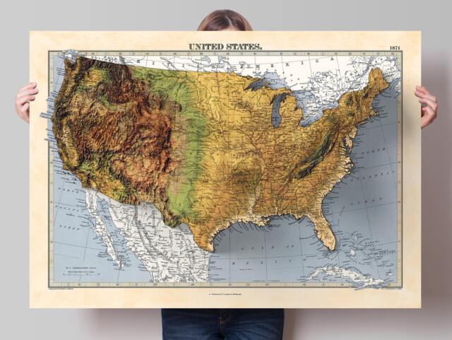 Usa Terrain Relief Map - 2D Gicl??e Print 3D Effect Shaded Poster Of The United States Vintage Style 1871 America Elevation Map - image 1