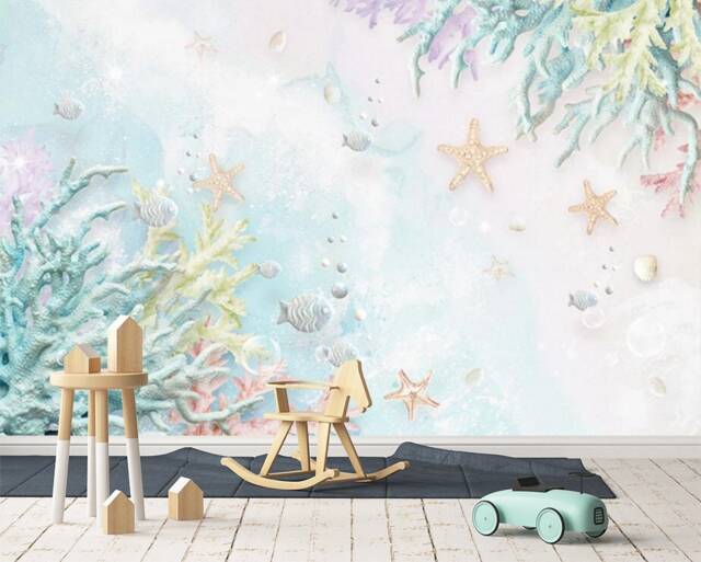 3D Ocean Wallpaper, Green Coral, Starfish Wall Mural - Peel & Stick - image 1