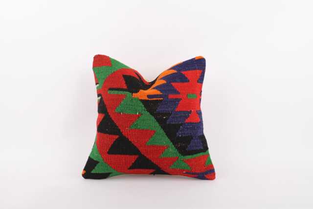 Vintage Turkish Kilim Pillow Cover Handwoven Wool Throw - 16x16 - image 1