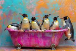 Fun Penguins in A Bath Canvas Picture Print Framed Wall Art