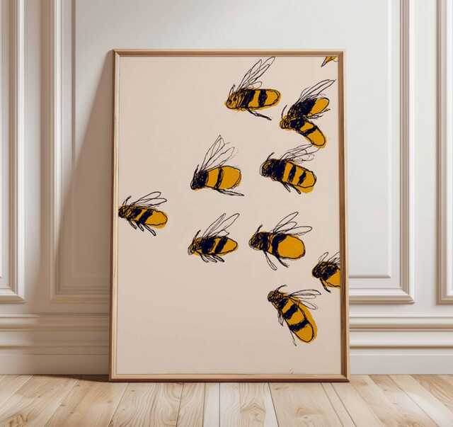 Bee Illustration Art Print - Minimalist Nature Wall Modern Animal Poster Scandinavian Home Decor Yellow Insect Artwork - image 1