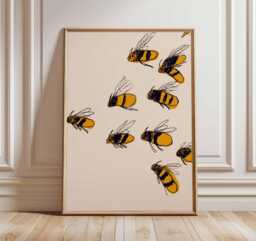 Bee Illustration Art Print - Minimalist Nature Wall Modern Animal Poster Scandinavian Home Decor Yellow Insect Artwork - thumbnail 1