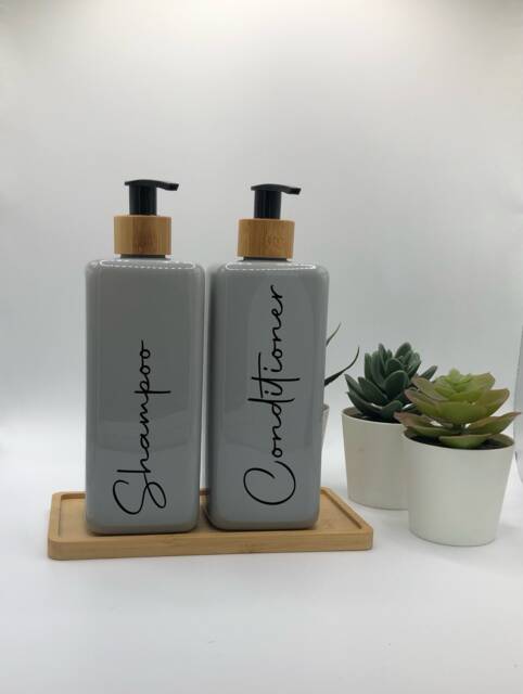 Personalised Grey Square Soap Dispenser Bottle With Black Bamboo Pump 250Ml & 500Ml - image 1