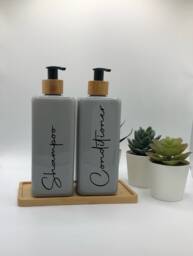 Personalised Grey Square Soap Dispenser Bottle With Black Bamboo Pump 250Ml & 500Ml - thumbnail 1