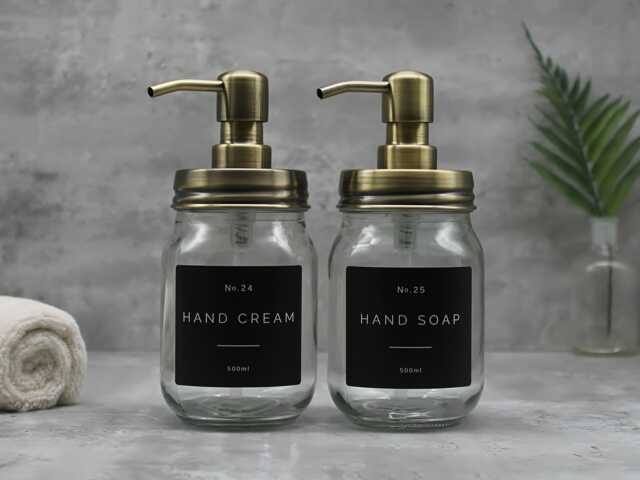 Mason Jar Glass Soap Dispenser Brass Lid, Refillable, Waterproof Label - image 1